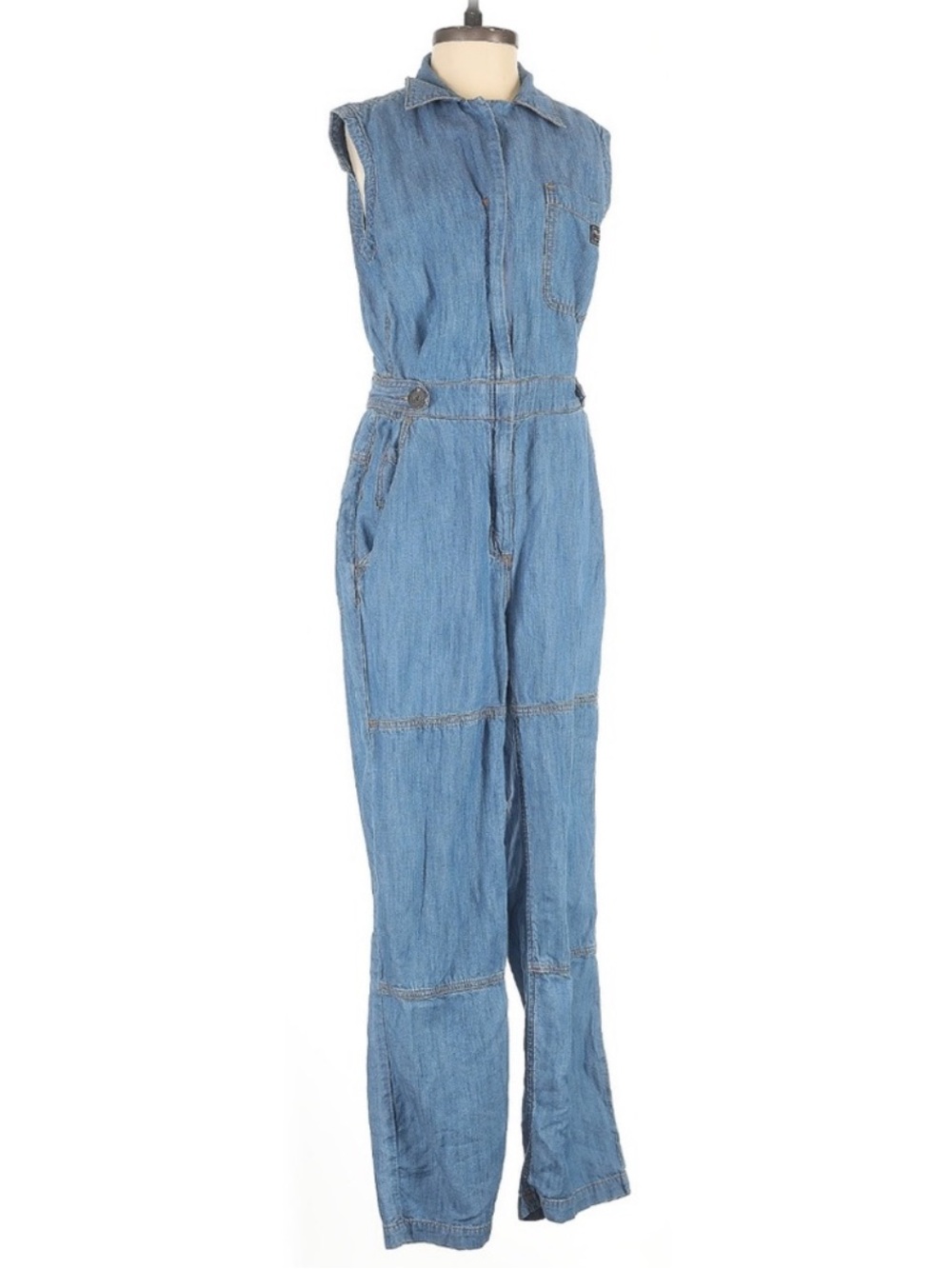 WILDFANG Essential Sleeveless High Waisted Adjustable Waist Chambray Coveralls,S
